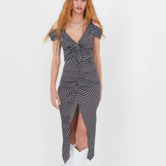For Love and Lemons Black and White Polka Dot Ruched Midi Cocktail Dress| M - Picture 1 of 15